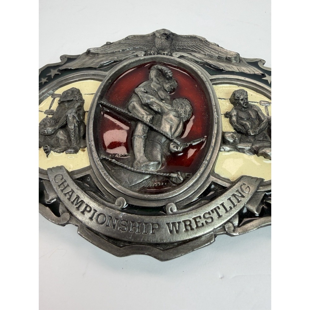 1985 Bergamot Brass Works Championship Wrestling Belt Buckle USA Vintage Large - Picture 2 of 6